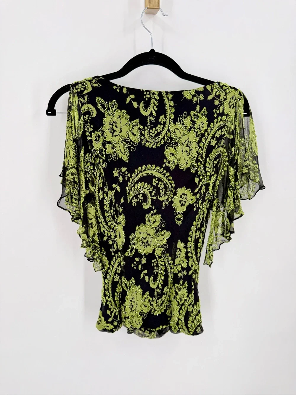 Carmen Marc Valvo Collection Sheer Paisley Mesh Cowl Neck Top Black Green - Picture 6 of 8